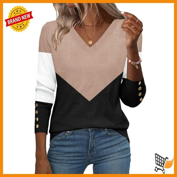 Sweaters - Lightweight Ribbed Knit V-Neck Pullover Sweater with Button Cuffs